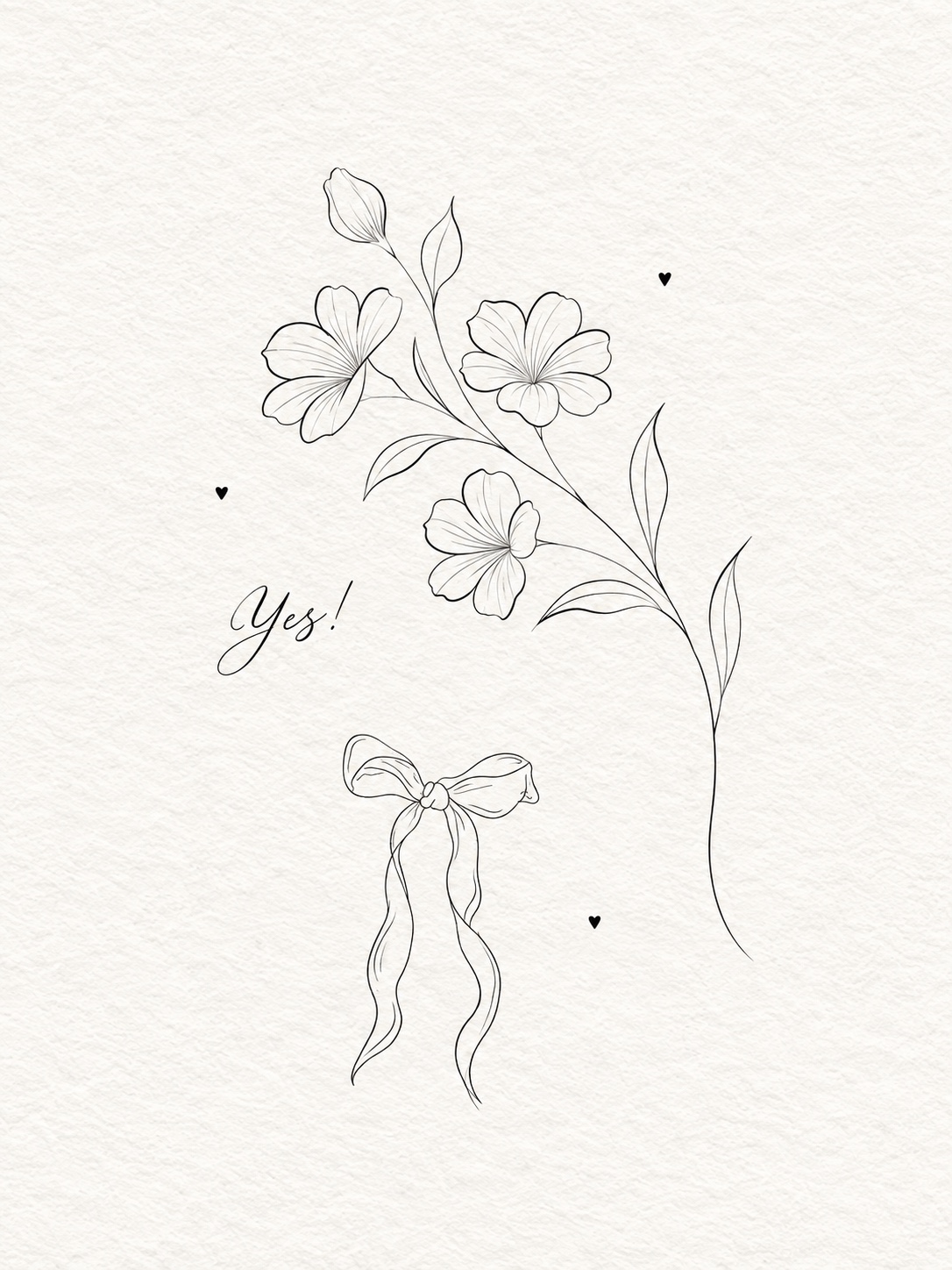 Fine-line botanical tattoo flash with flowers, a bow, hearts and the word yes