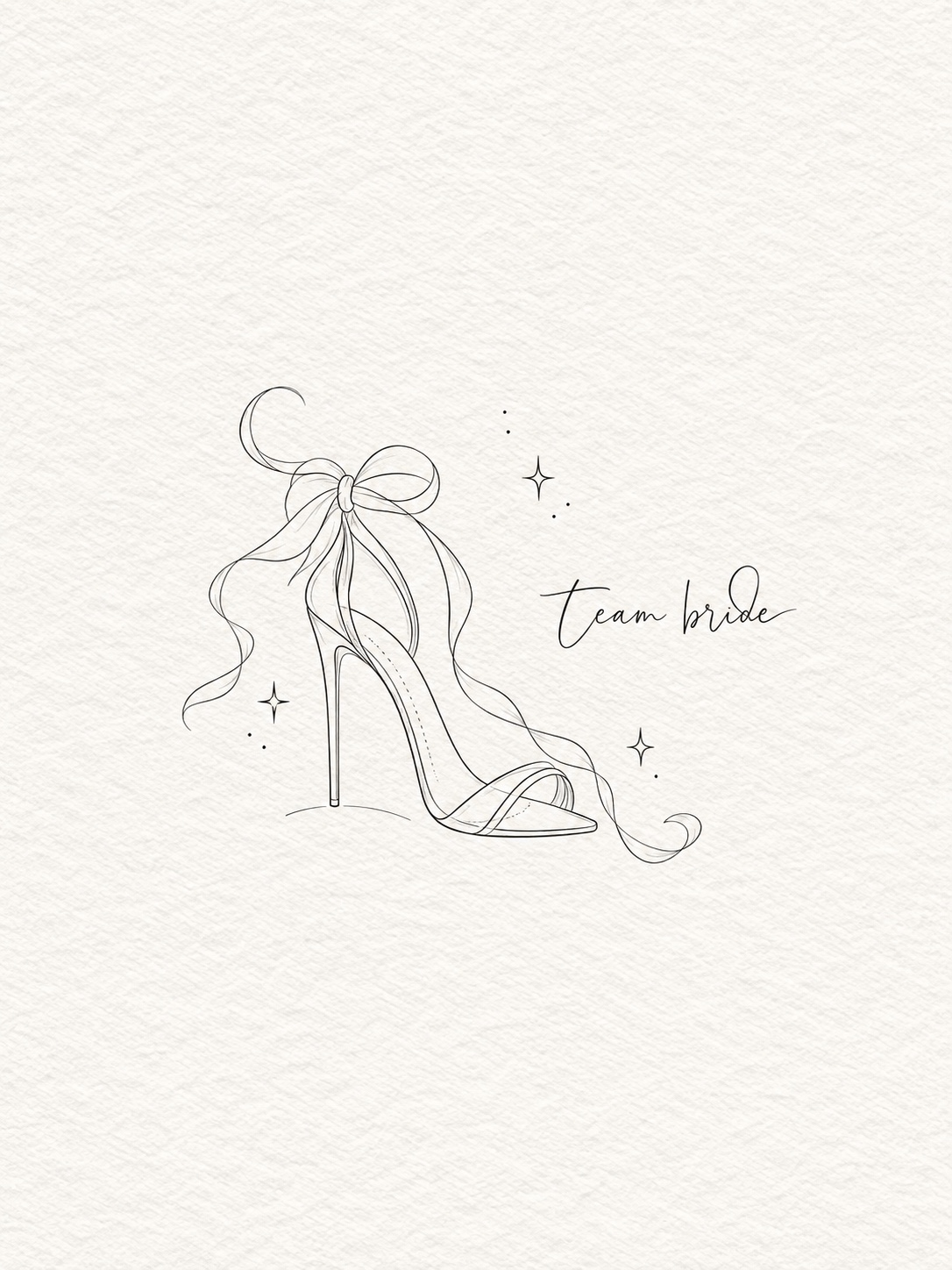 Fine-line bridal shoe tattoo flash with ribbons, stars and Team bride lettering