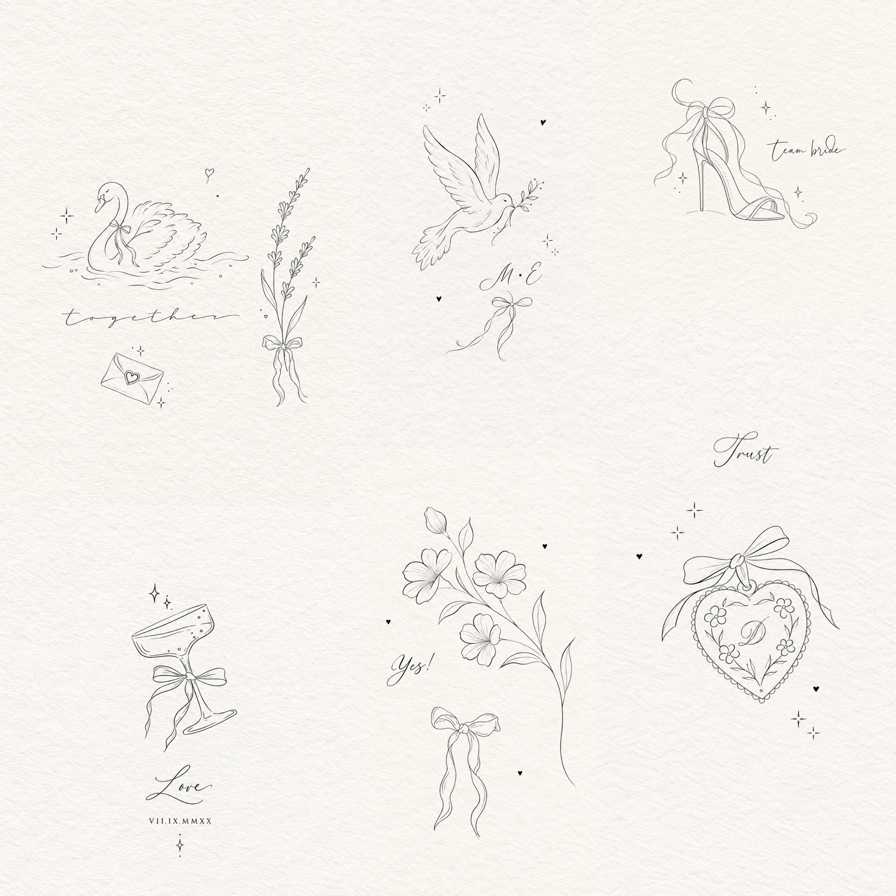 Wedding tattoo flash collection with swan, dove, flowers, bows, champagne glass and heart locket